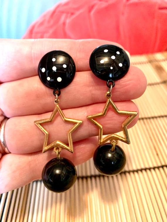 Punky Black & Gold Star Dangles, Awesome 80’s Big Bling Runway Statement Earrings