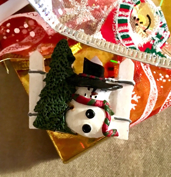 Festive Vintage Christmas snowman w/ picket fence & tree holiday pin brooch comes giftboxed and ribboned