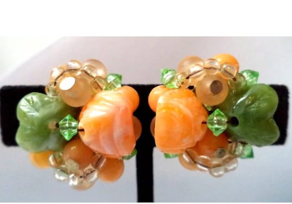 Mid Century HONG KONG Citrus Floral Cluster Bead Vintage Earrings, Clip ons, Spring Jewelry