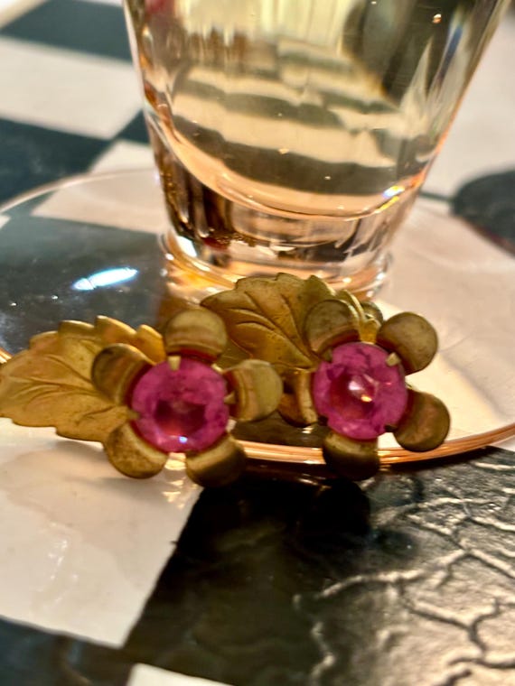 Art Deco Screw Back Earrings, Elegant Foliage and Flower with Hot pink gems curated vintage jewelry by MySoulRepair by marta michaud