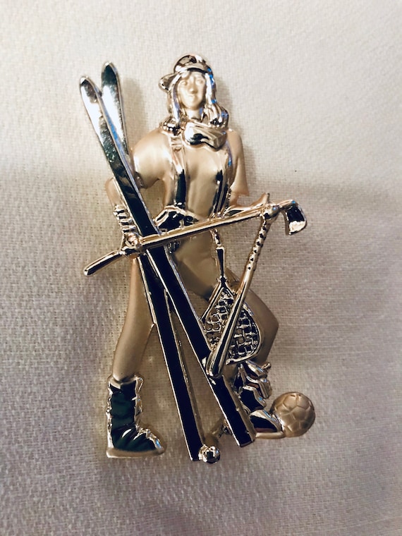 Golden Girl Outdoors Woman Brooch...Signed Jewelry by The AJC Company Female Athlete Ski Hockey Tennis Soccer Golf Sportswoman Pin