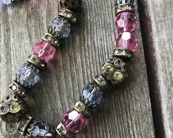 Lavender & Pink Crystal Beaded Choker: Victorian Revival Necklace