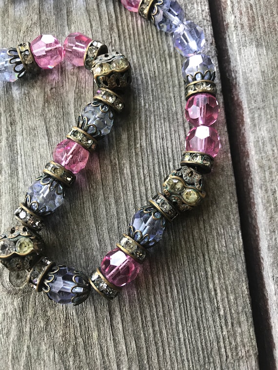 A Super Pretty Purple Lavernder & Pink Rose Glass Beaded Victorian Revival Romantic Romantic Crystal Necklace Pink Choker Necklace