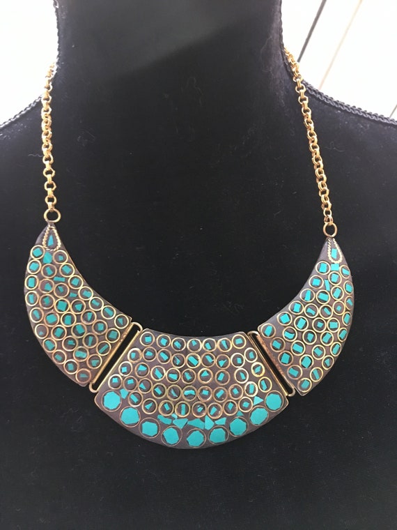 Beautiful Vintage Brass & Turquoise Bibbed Choker… - image 4