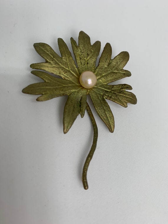 Art Nouveau Style Golden Flower Leaf Pin with Pearl Center, Lovely Signed Elegant Vintage Brooch, Now Trending Unisex Lapel Pin