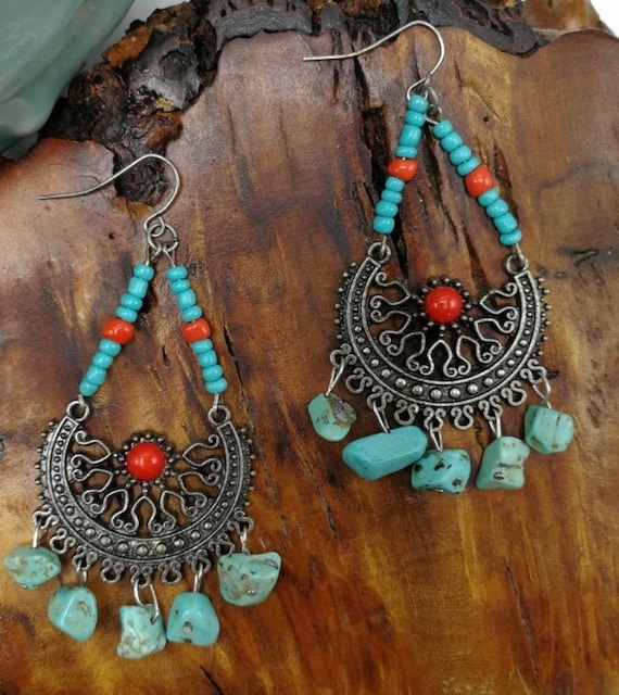 Vintage Boho Southwestern Tribal Turquoise Nugget & Red Coral Cabochon Chandelier Dangle Earrings