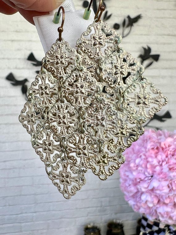 Cottage Core Filigree Chandelier Dangles, Delicate Dainty ornate Openwork white washed goldtone fish scale wavy diamond statement earrings