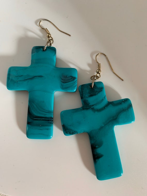 Turquoise Lucite Gothic Cross Dangles, Material Girl 90s Glamour Jewelry, video babe glamour grunge Statement Earrings