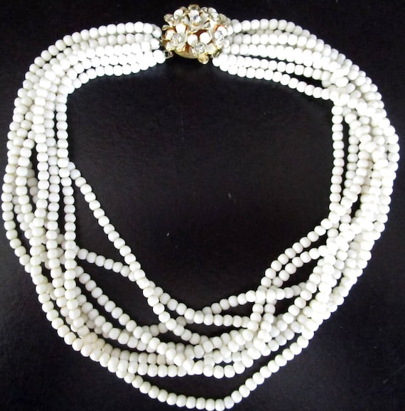 White Milk Glass Multi Strand Beaded Necklace, Signed Sandor Floral Clasp Vintage Choker Statement Necklace, romantic prom wedding jewelry