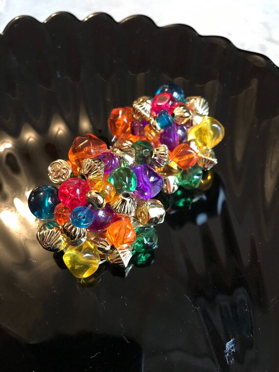 Rainbow Cluster Beaded Earrings, Festive Mid Century colorful clear Lucite & Goldtone Fruit Salad Cluster Earrings, PRIDE / Mardi Gras!