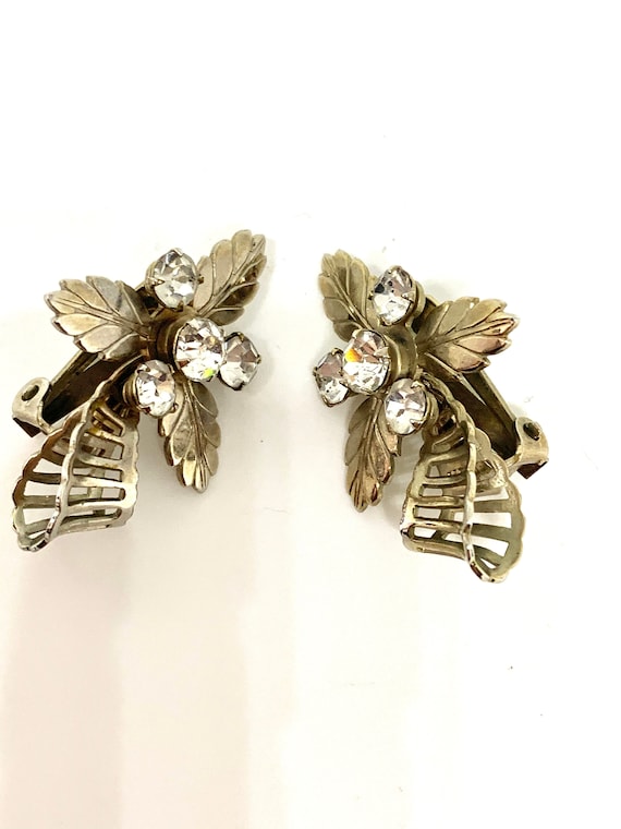 Fancy Art Deco Earrings, Silver tone Fanning Openwork Floral Clip Ons with Ice Rhinestones