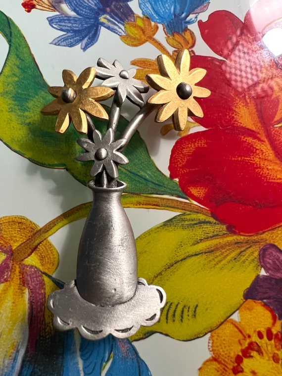 Mid Century Floral Lapel Pin, Pewter Tone Vase wi… - image 2