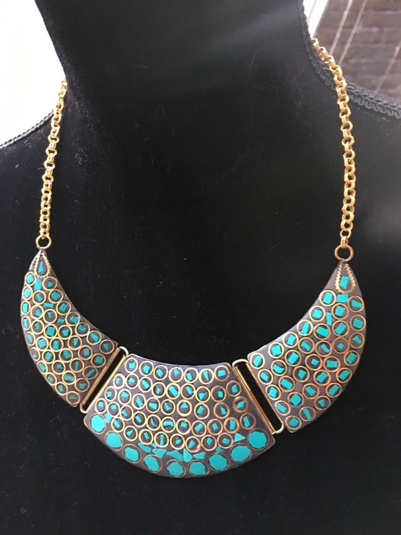 Beautiful Vintage Brass & Turquoise Bibbed Choker… - image 6