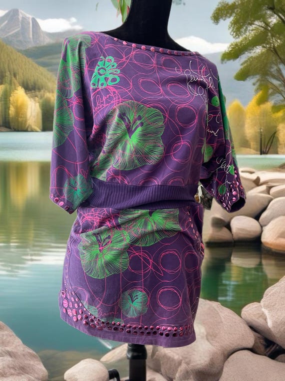 Purple New Wave Mini Dress, Awesome Marseille Vintage Find! Soft Cotton Knit with Metalic Studs and Ribbed Waistband size M L by Smash!