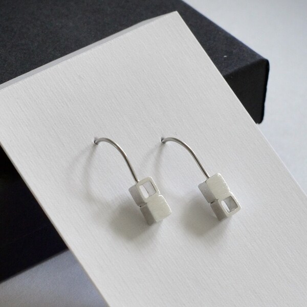 GIOLLA - Sterling Silver Earrings, Small Modern Earrings, Square Mismatched Earrings, Minimalist Jewelry, Drop Earrings