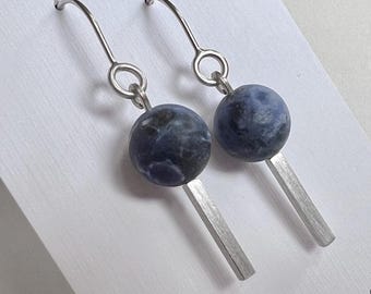 Sodalite and Sterling Silver Boho Dangle Bar Earrings, Handmade Jewelry