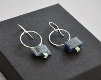 JAZZMYN - Raw Blue Kyanite Sterling Silver Earrings, Dangle Hoop Earrings, Handmade Jewelry Earrings