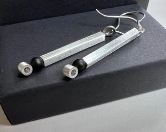 Modern Sterling Silver and Onyx Dangle Earrings, Handmade Art Deco Style Jewelry