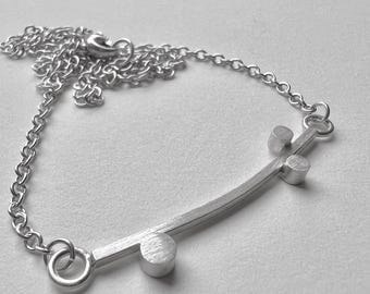 Geometric Sterling Silver Necklace, Curved Bar with 3 Circles, Modern Minimalist Jewelry