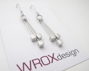 MAXINE - Long Square Earrings, Sterling Silver Earrings, Dangle Earrings, Matte Silver Earrings, Modern Jewelry