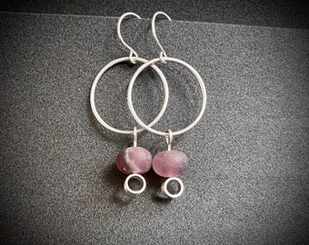 Purple Fluorite Earrings, Sterling Silver Dangle Hoop Earrings, Boho Jewelry