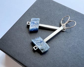 Long Raw Kyanite Earrings, Modern Sterling Silver Jewelry