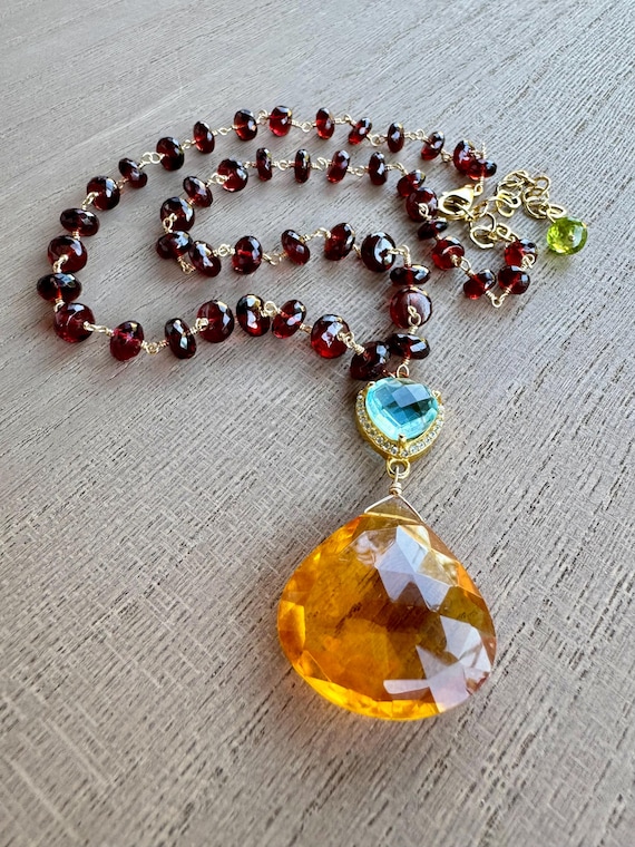 Citrine, Aqua Quartz and Garnet 14k Gold