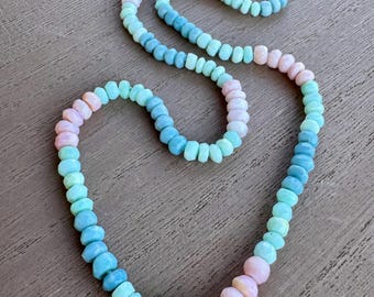 Pink and Blue Opal Silk Knotted Necklace. 14k Gold Filled.
