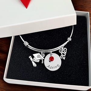Personalized Graduation Bracelet: Stainless Steel Bangle with Birthstone