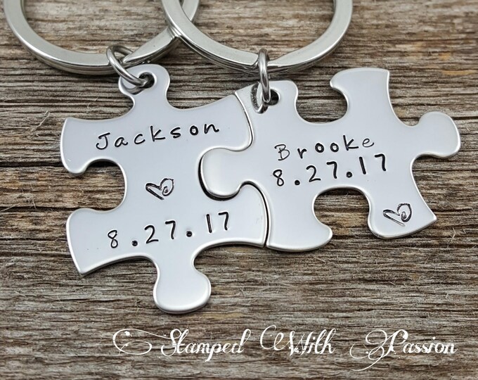 His and Her Puzzle Piece Keychain Set With Date Couples Etsy