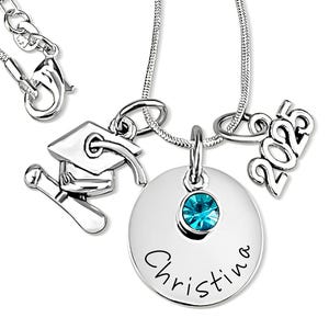 Personalized Graduation Necklace: Sterling Silver Name Disc, Birthstone Charm