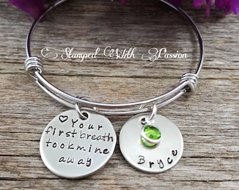 New Mom jewelry, Baby charm bracelet, Personalized birthstone name charm bracelet, Mommy Bracelet, Your first breath took mine away