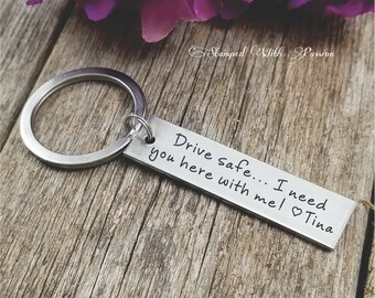 Drive Safe Customizable Hand Stamped Aluminum Rectangle Key Chain 10 Year Anniversary Gift Best Friend Boyfriend Girlfriend New Driver