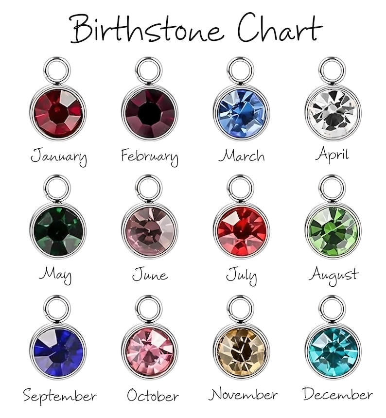 K&ouml;nnte beinhalten: Eine Geburtssteintabelle mit zw&ouml;lf runden Anh&auml;ngern, jeder mit einem andersfarbigen Edelstein. Die Monate des Jahres sind unter jedem Anh&auml;nger beschriftet. Der Text "Birthstone Chart" befindet sich oben im Bild.