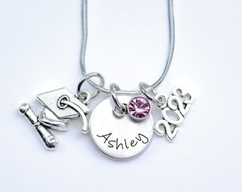 Graduation Necklace Personalized Girl Graduation Gift for her Class of 2024,2025, Hand Stamped Graduation Jewelry Graduate