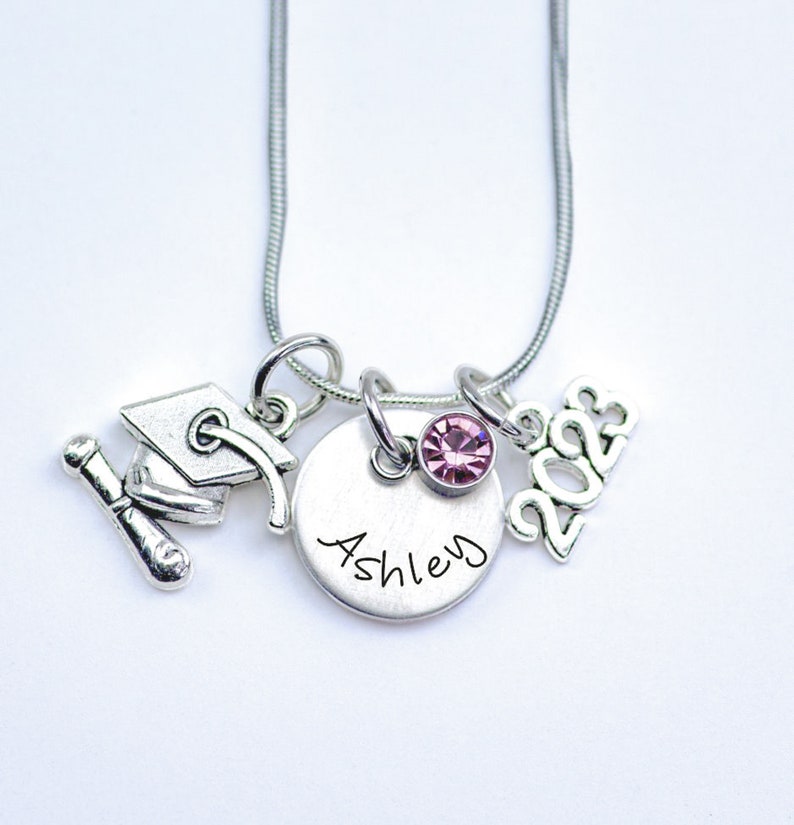 Graduation Necklace Personalized Girl Graduation Gift for her Class of 2024,2025, Hand Stamped Graduation Jewelry Graduate image 1