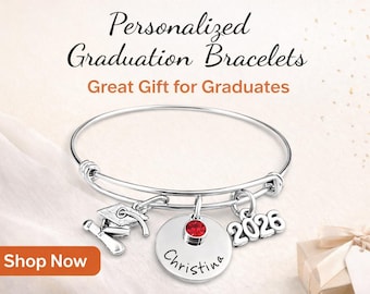 Personalized Graduation Bracelet: Stainless Steel Bangle with Birthstone and Year charm