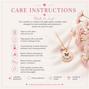 May include: A rose gold necklace with a round pendant featuring a butterfly design and the name "Victoria". The image includes care instructions, emphasizing the necklace's stainless steel construction and everyday wear suitability.
