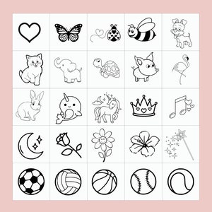 May include: A grid of black and white line art illustrations. The images include a heart, butterfly, ladybug, bee, dog, cat, elephant, turtle, pig, flamingo, rabbit, narwhal, unicorn, crown, musical notes, moon, rose, flower, hibiscus, magic wand, soccer ball, volleyball, basketball, baseball, and tennis ball.