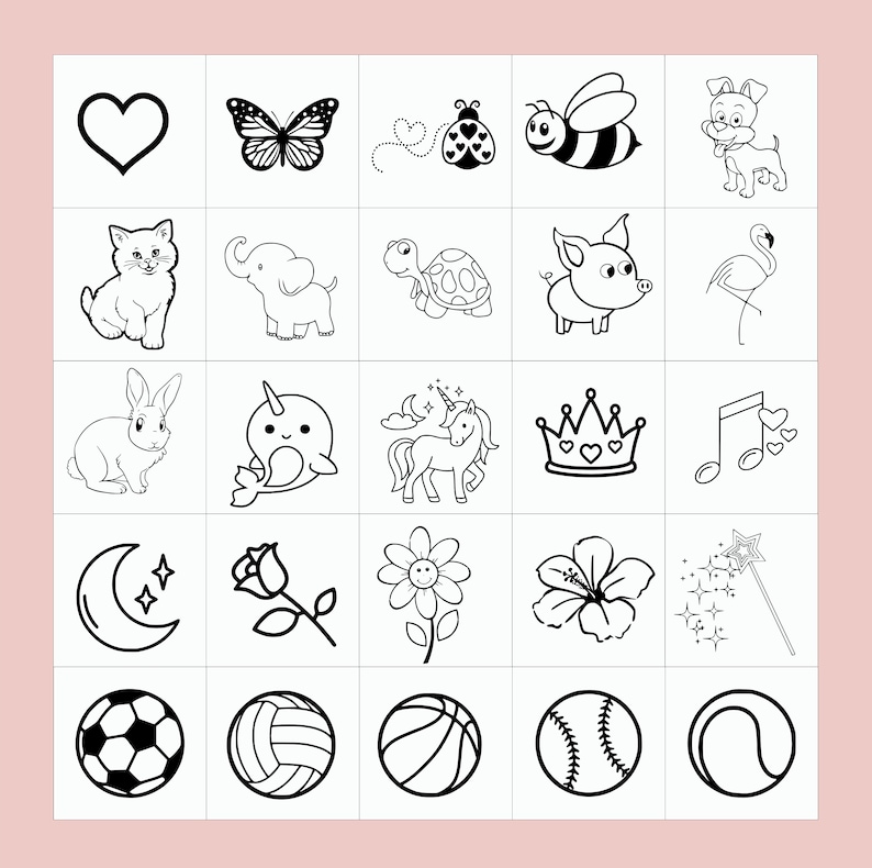 May include: A grid of black and white line art illustrations. The images include a heart, butterfly, ladybug, bee, dog, cat, elephant, turtle, pig, flamingo, rabbit, narwhal, unicorn, crown, musical notes, moon, rose, flower, hibiscus, magic wand, soccer ball, volleyball, basketball, baseball, and tennis ball.