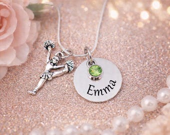 Personalized Cheerleader Necklace, Cheer Gift for Girl, Custom Name Necklace with Birthstone, Cheerleader Jewelry, Cheer Team Gift