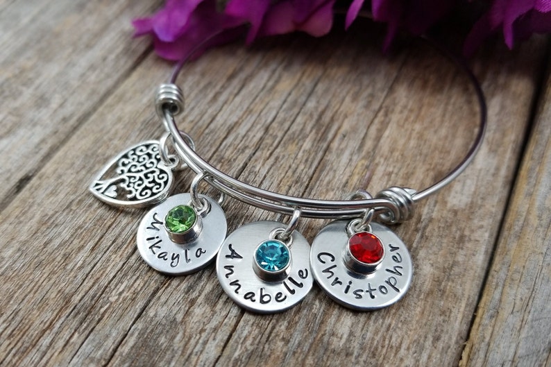 Gift for Mom, Mother's Personalized Bracelet with kids names, Personalized Bangle Bracelet with charms, Christmas Gift image 7