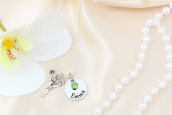 Cheerleader Necklace: Personalized Name & Birthstone Charm, Sterling Silver