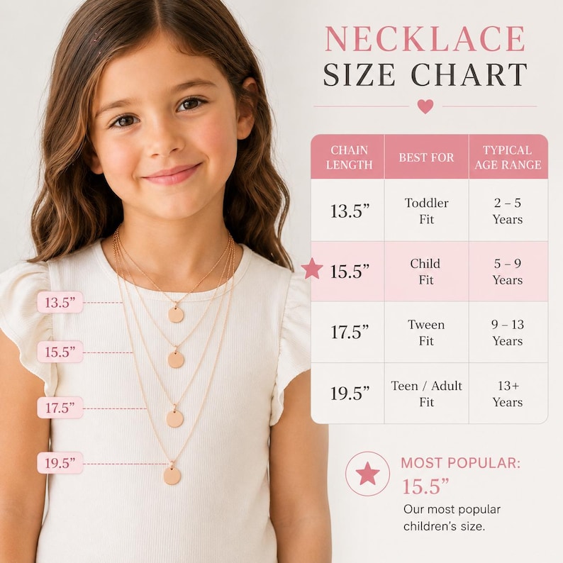 May include: A young girl wearing a gold necklace with four different chain lengths. The image includes a necklace size chart with chain lengths from 13.5" to 19.5" and age range information. The most popular size is 15.5 inches.