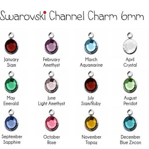 May include: A collection of Swarovski Channel Charms, each 6mm in size, featuring various birthstone colors. The charms are labeled with the month and corresponding gemstone, including Siam, Amethyst, Aquamarine, Crystal, Emerald, Light Amethyst, Siam/Ruby, Peridot, Sapphire, Rose, Topaz, and Blue Zircon.