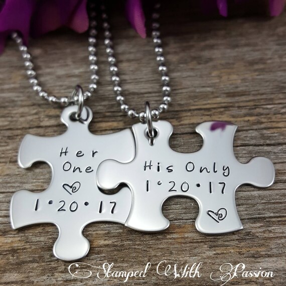 His and Her Puzzle Piece Necklace Set With Date Etsy