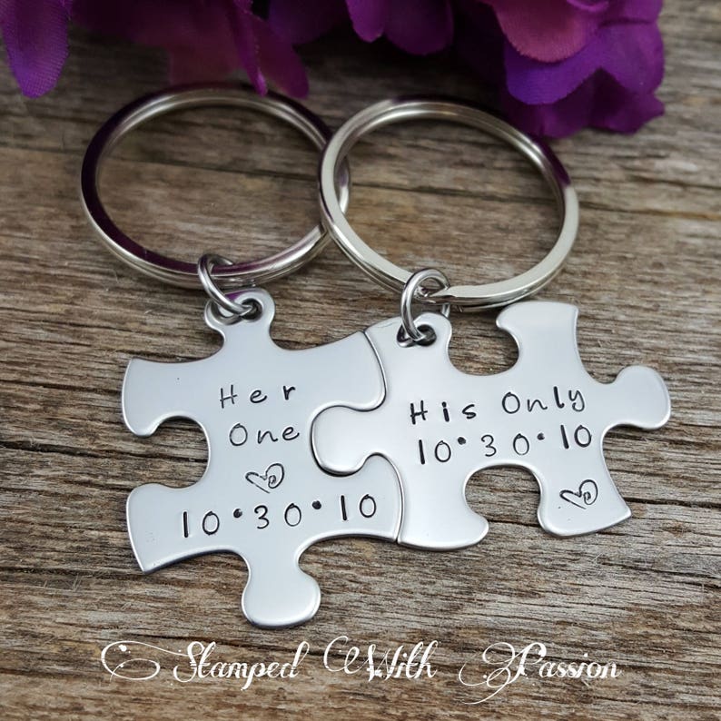 His and Her Puzzle Piece Keychain Set  With Date - Couples -Wedding -Anniversary Key chain - Boyfriend gift - Gift for her 