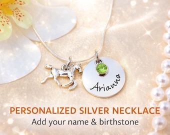 Personalized Horse Necklace with Name, Birthstone Necklace for Girls, Horse Lover Gift, Custom Girl Jewelry, Equestrian Gift for Daughter