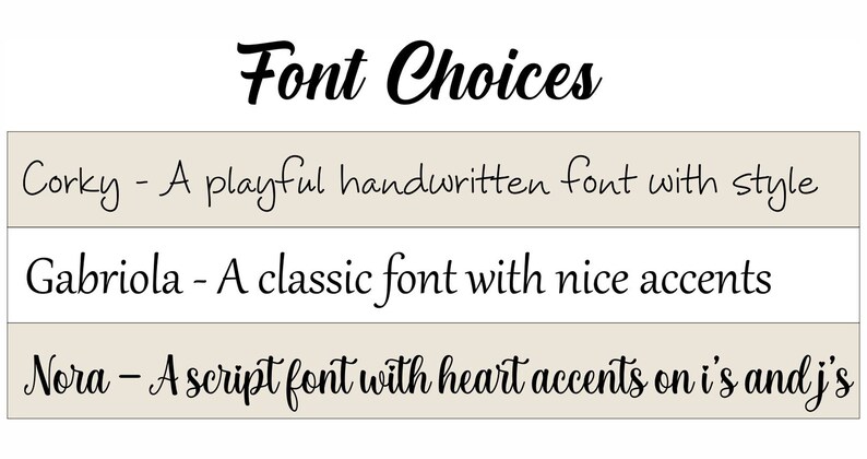 K&ouml;nnte beinhalten: Bild mit Schriftartauswahl: Corky, eine verspielte handschriftliche Schriftart; Gabriola, eine klassische Schriftart; und Nora, eine Schreibschrift mit Herzakzenten. Der Text ist schwarz auf beigem und wei&szlig;em Hintergrund.