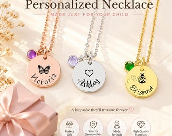 Child Necklace, Personalized Necklace, Birthstone jewelry, Daughter necklace, custom kid jewelry, little girl jewelry, Heart Necklace